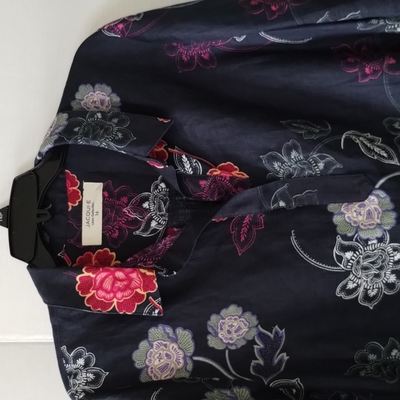 Jacqui.E navy blue floral blouse top career casual travel size 16, linen 100% - Picture 2 of 6